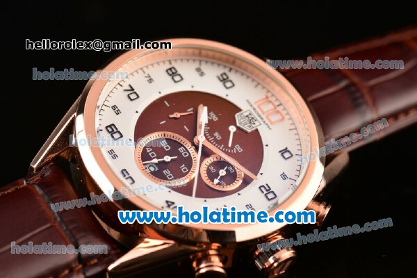 Tag Heuer Mikrograph Chrono Miyota OS10 Quartz Rose Gold Case with Brown Leather Strap and White/Brown Dial - Click Image to Close